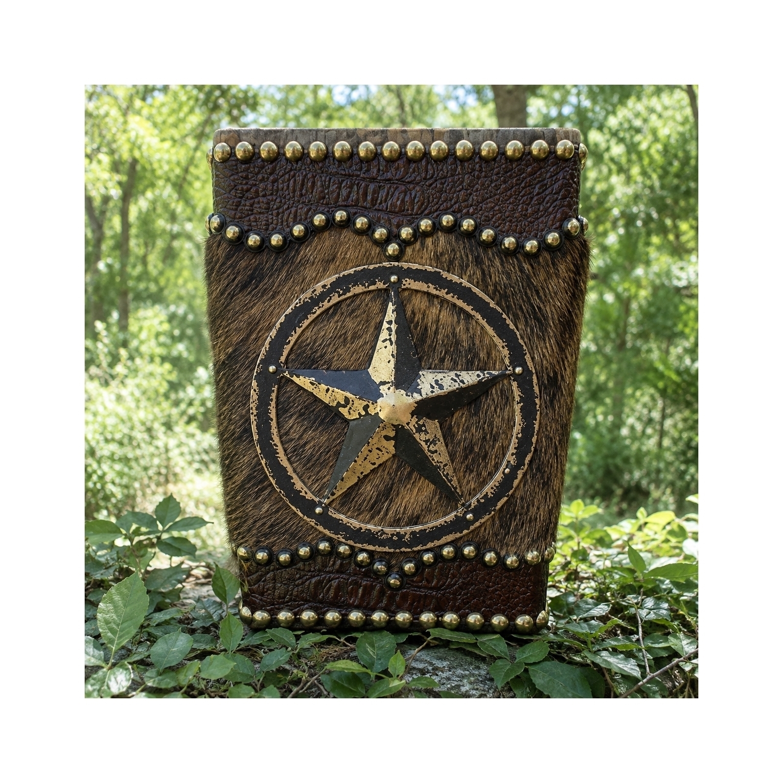 Western Cowhide Barn Wood Wastebasket